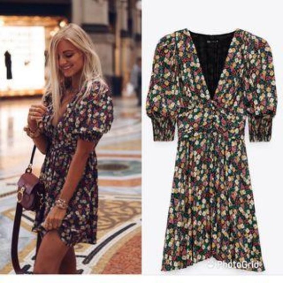 zara printed shoulder pad dress